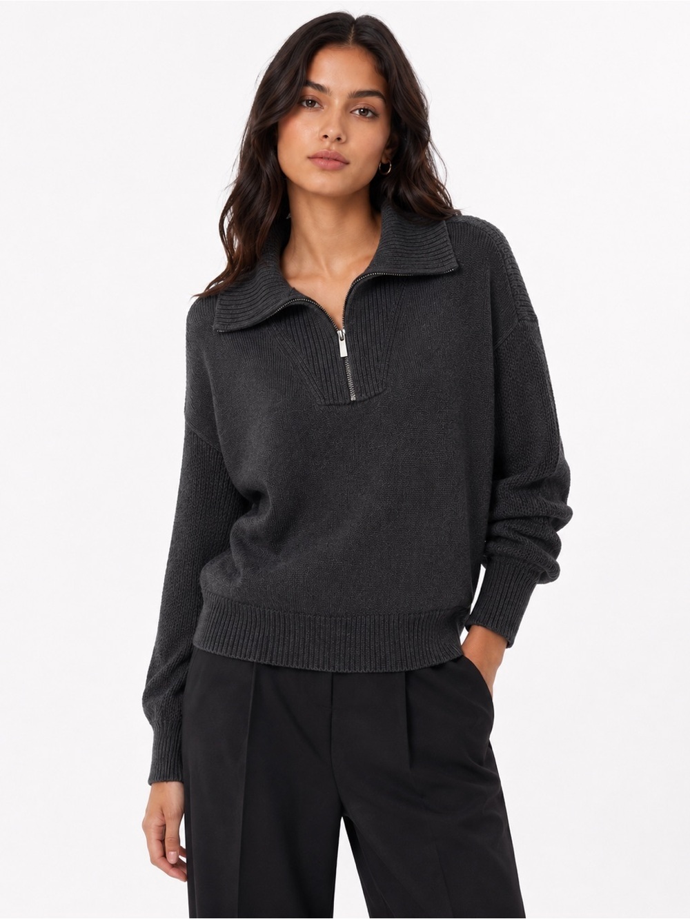 Rachel Zoe Half Zip Knit Collared Pullover Sweater XS Charcoal Gray